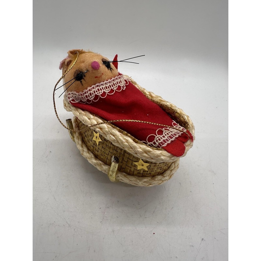 Mid Century Japan Putz Christmas Ornament Flocked Mouse Cradle Bassinet Vintage